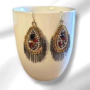 Bold and Chic  Vintage Rhinestone Gold Tassel Pendant Earrings.